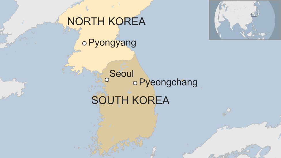 Map of North Korea and South Korea, showing Pyeongchang