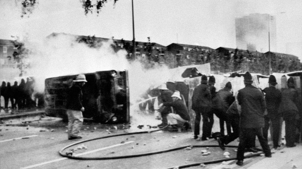 Police using riot shields during the Toxteth riots in 1981