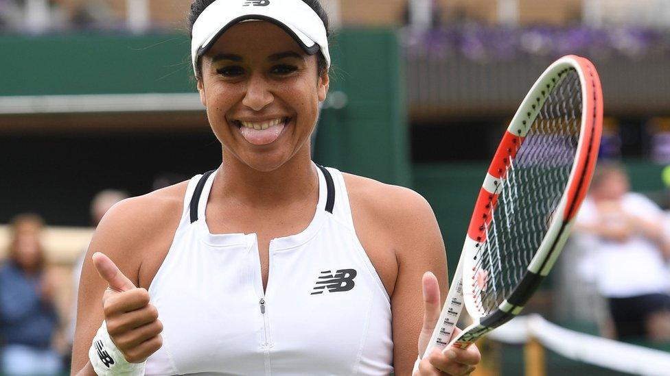 Heather Watson celebrates beating Wang Qiang in the Wimbledon second round