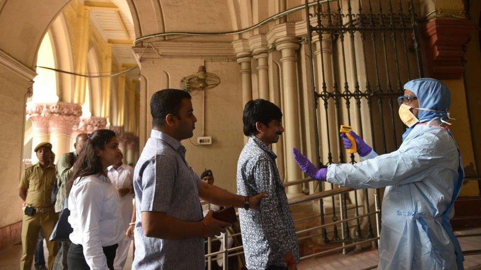 Doctor of West Bengal Health Government Department conduct thermal screening as prevention from coronavirus (COVID-19) infection at Kolkata High Court in Kolkata, India on Tuesday, March 17, 2020.