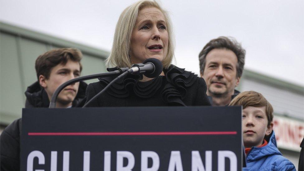 Surrounded by her family, Sen. Kirsten Gillibrand (D-NY) announces that she will run for president in 2020 outside the Country View Diner, January 16, 2019 in Troy, New York