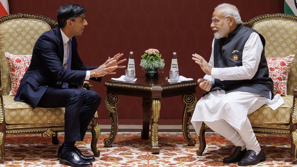 Prime Minister Rishi Sunak with Indian prime minister Narendra Modi during the G20 Summit in New Delhi, India.