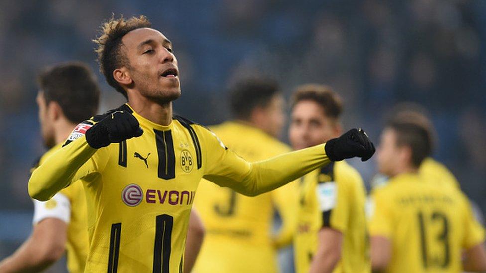 Borussia Dortmund striker Pierre-Emerick Aubameyang celebrates scoring against Hamburg