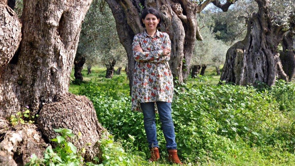 Cristina Stribacu with her olive trees in Kalamata