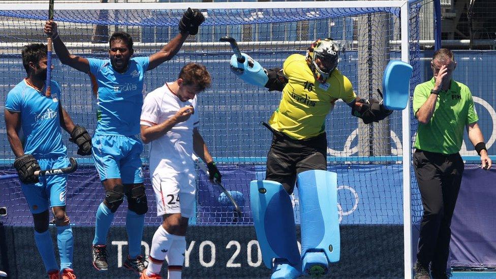 Sreejesh Parattu Raveendran goalkeeper of Team India celebrates at full time after a last moment save as they win the Men's Bronze medal match between Germany and India