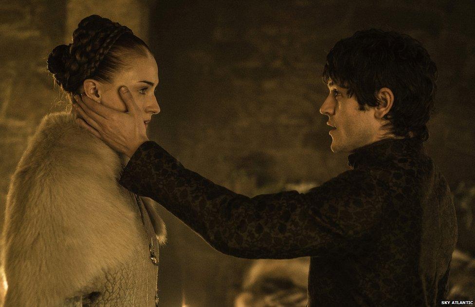 Sophie Turner as Sansa Stark and Iwan Rheon as Ramsay Bolton