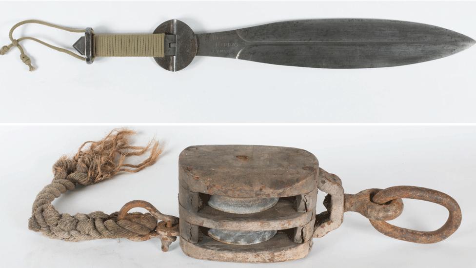 WWI trench knife and ship's pulley