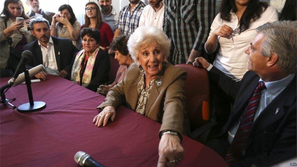 The Grandmothers of the Plaza de Mayo humanitarian organization president, Estela de Carlotto (C), talks next to other members, during a press conference announcing the restitution of the identity of the missing grandaughter number 117, born in 1978, daughter of Walter Dominguez and Gladys Castro, Buenos Aires, Argentina, on 31 August 2015.