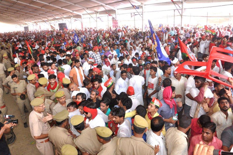 A view of the crowd gathered at a grand alliance rally on May 16, 2019 in Varanasi.