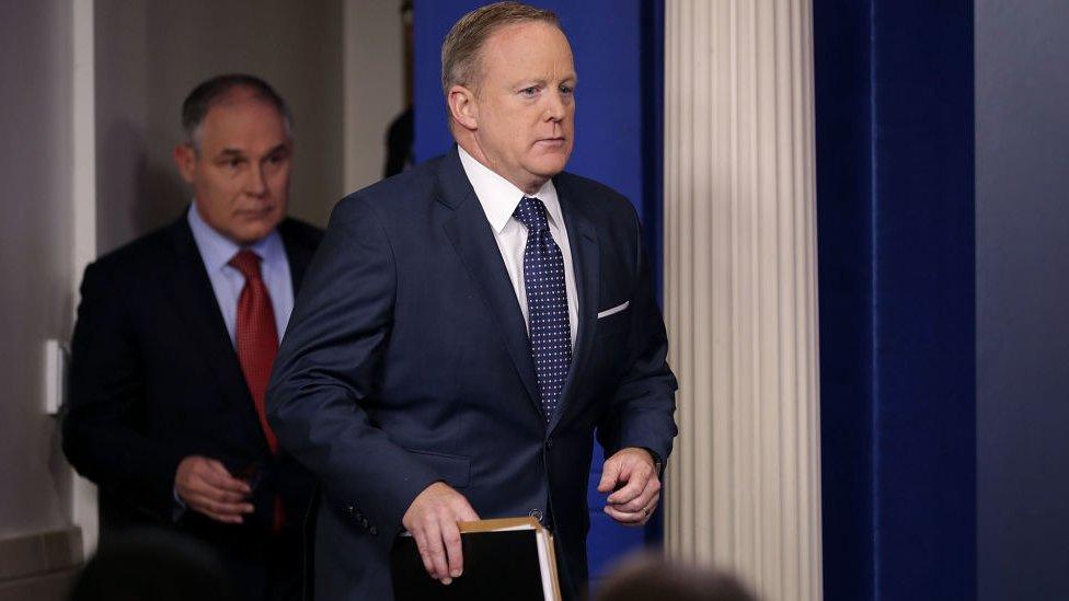 Press Secretary Sean Spicer and EPA head Scott Pruitt enter the White House briefing room