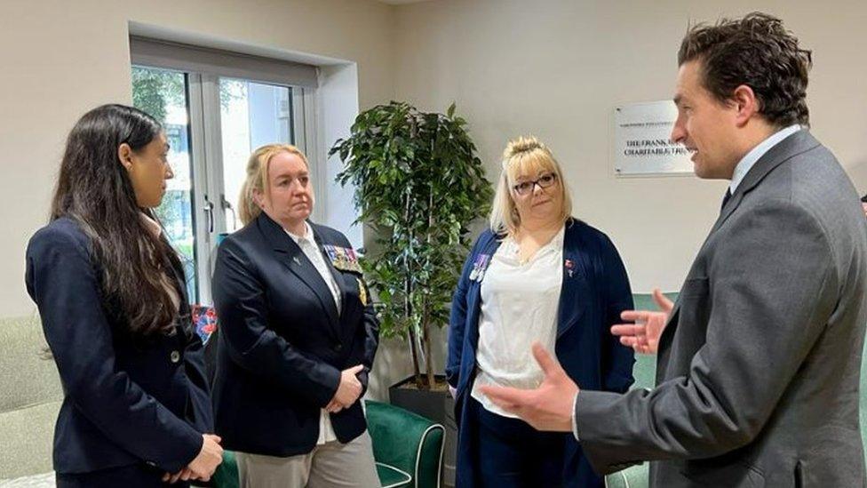 Left to right: Natasha Victor, Vicky McLennan, and Sarah Mowat meet Johnny Mercer MP