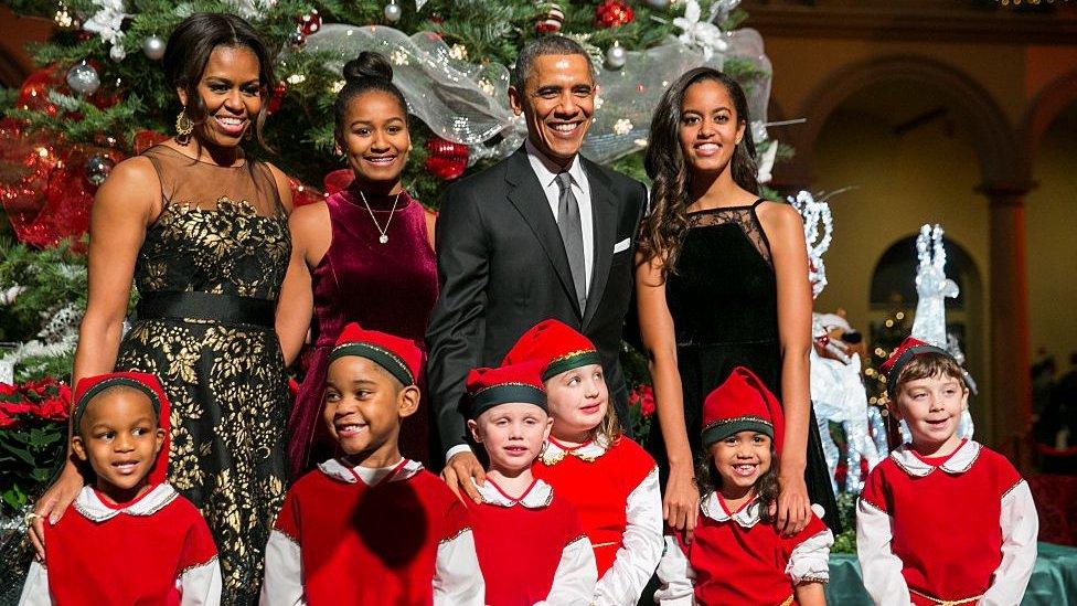 Obama family with elves at Christmas in Washington concert 2014.