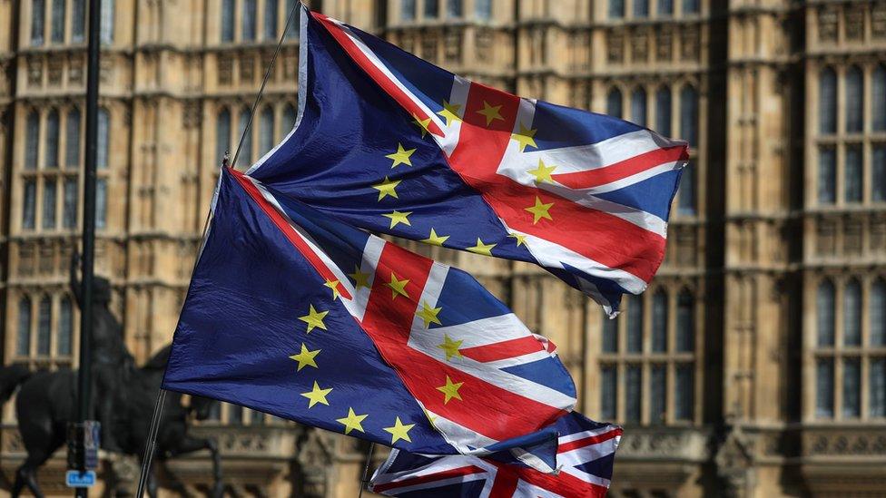 UK and EU flag outside Parliament