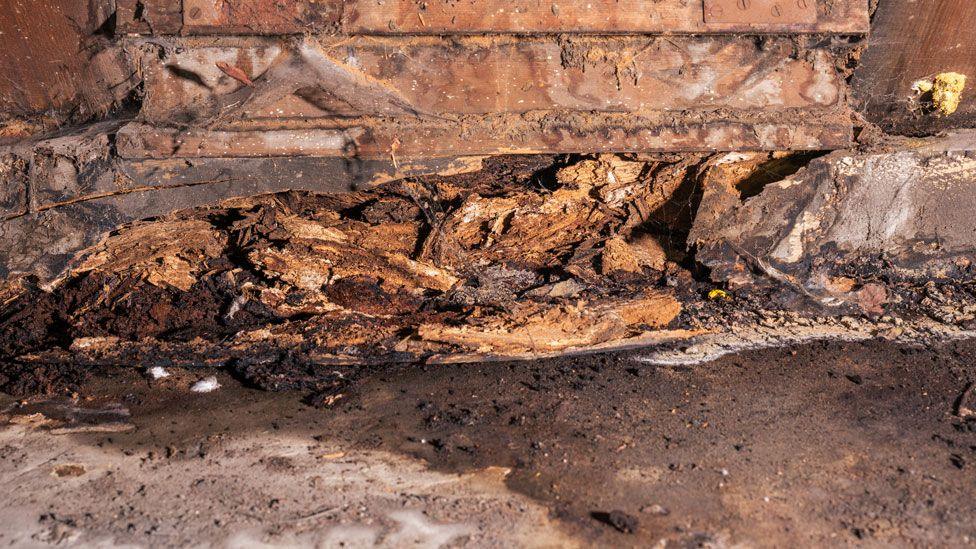 A close up of sodden roof timbers in the Cathedral of St John the Baptist. The wood has flaked and is dark brown in places where it is wettest. In front is stone, which is dark brown and damp 