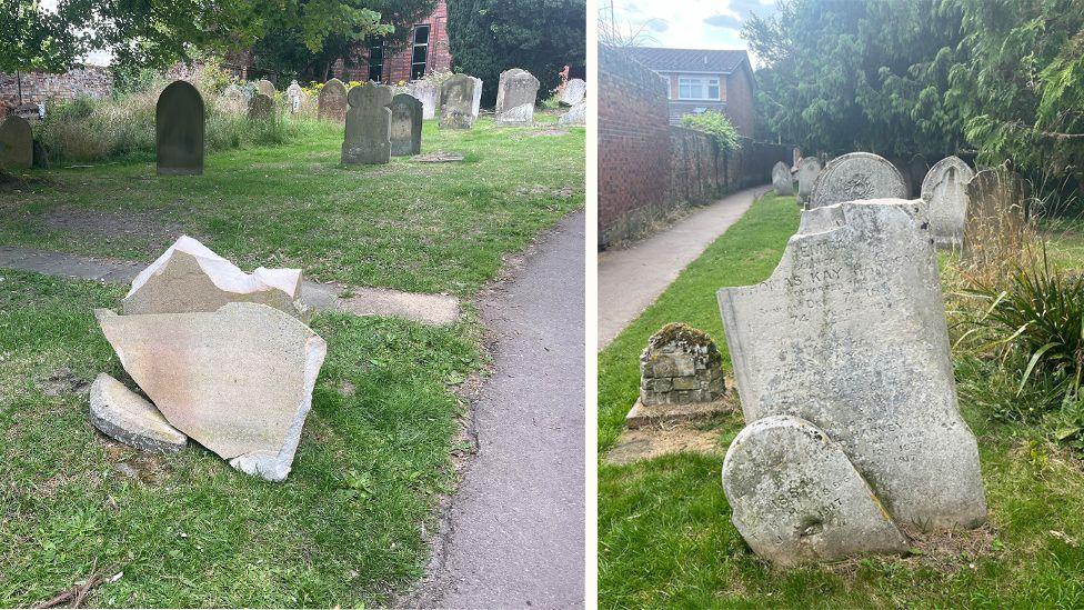 A composite image of two gravestones that have been smashed in the churchyard of St Mary's Church