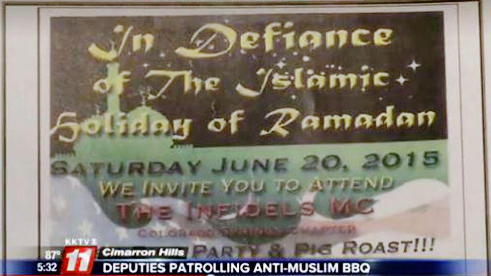 A still from a US local news broadcast showing the flyer advertising a pig roast "in defiance of the Islamic holiday of Ramadan" on June 20, 2015, with a picture of a minaret and the domes of a mosque against a starry sky and, lower down, a US flag backdrop. The aston on the news broadcast reads "deputies patrolling anti-Muslim BBQ".