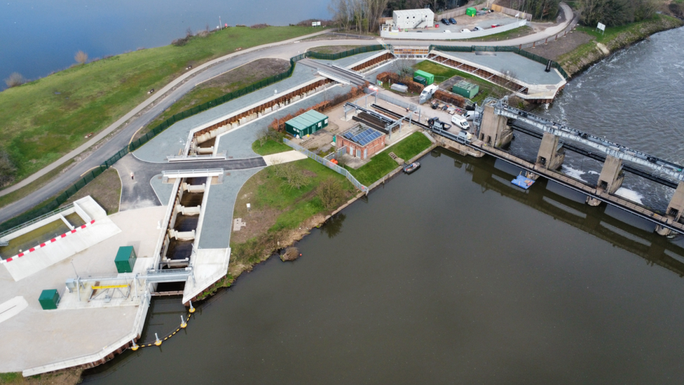 An aerial view of the pass channel next the the River Trent, which cuts round the side of the concrete sluice gates