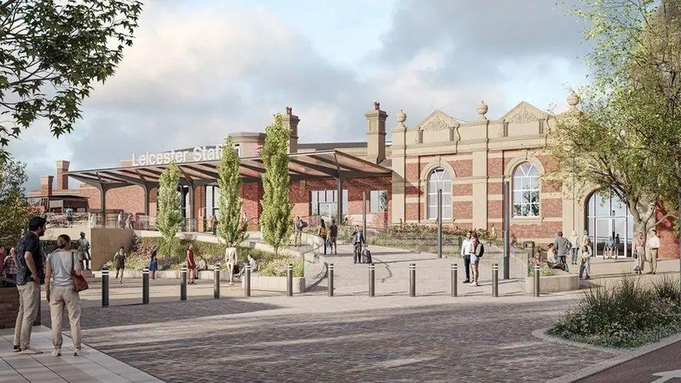 An artist's impression of the station once redeveloped, with a sweeping pedestrianised entrance to the brick building, with a number of new trees.