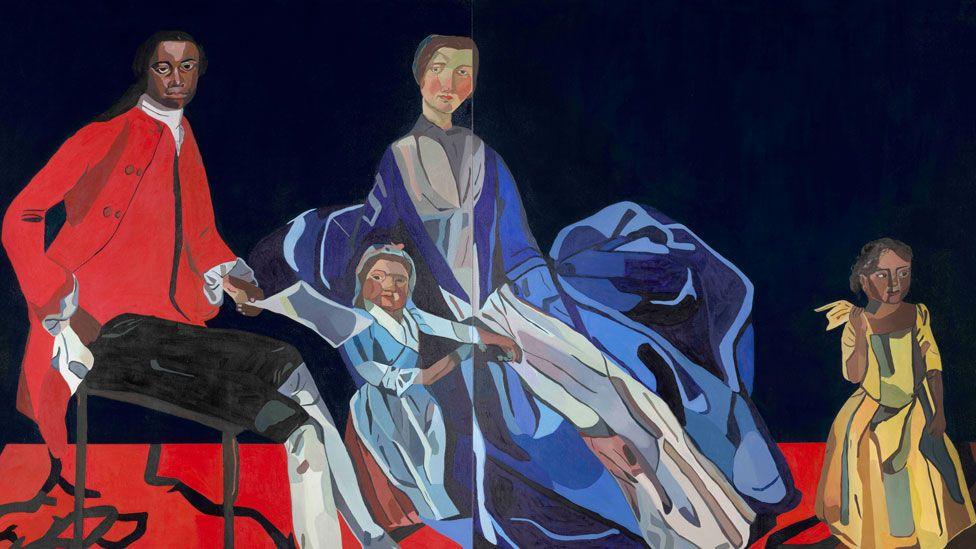 Joy Labinjo, An Eighteenth-Century Family, 2022. It shows Olaudah Equiano, his wife Susannah Cullen and their children. Olaudah is sitting on the left, wearing a scarlet jacket and waistcoat over brown breeches. Susannah is in the middle wearing a blue dress over a white petticoat with a kerchief scarf over her shoulders. One daughter is in lighter blue and beside her mother, the other is in yellow and is standing at the far right.

Courtesy of the Artist and Tiwani Contemporary.