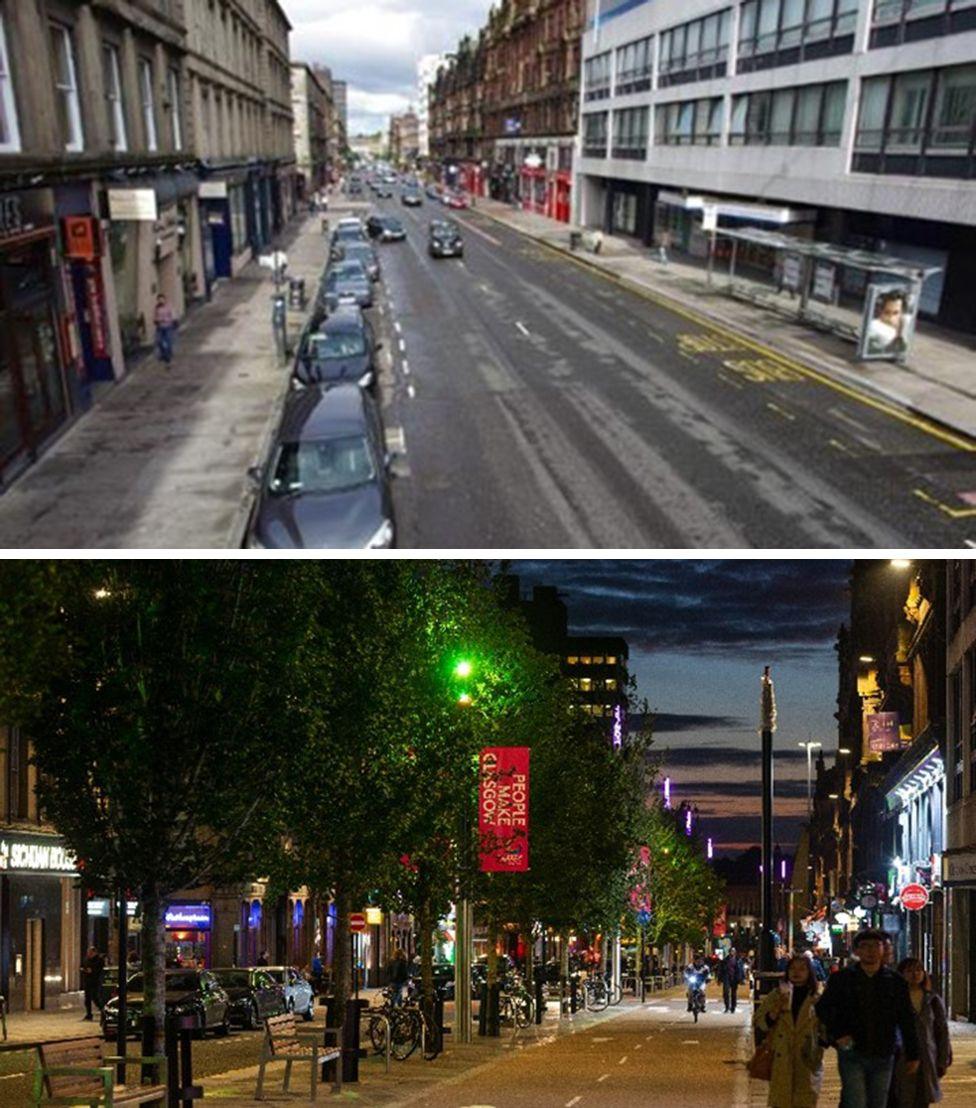 Before and after views of a redeveloped city street. In the before picture the pavements are all cracked and there are a number of cars parked there. In the second image there are cycle lines, wider pavements and more greenery.