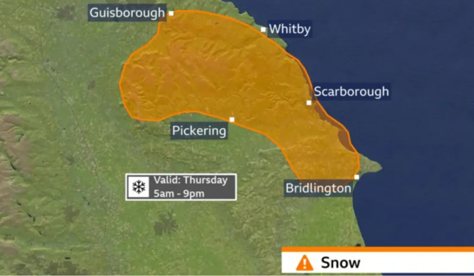 A weather map with part of the area coloured amber rather than green
