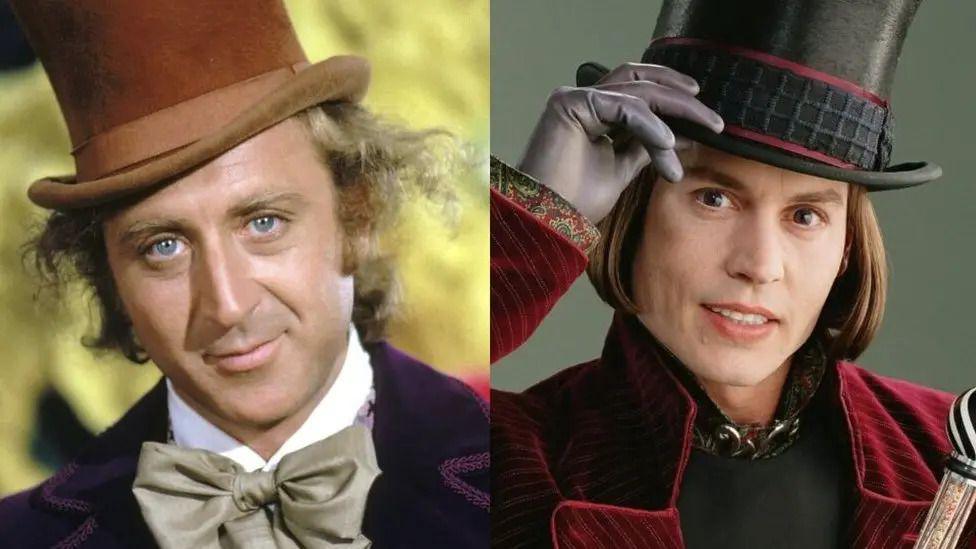 Gene Wilder (left) and Johnny Depp (right) dressed as the character Willy Wonka.