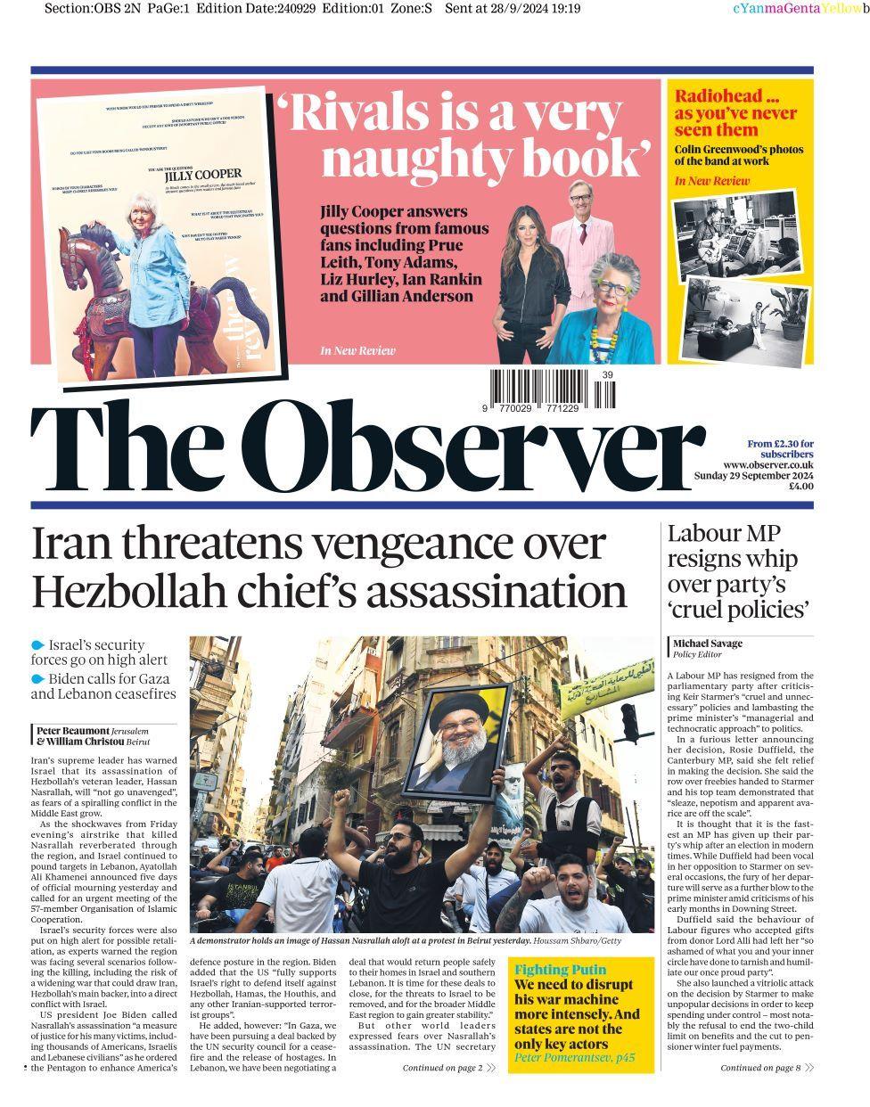 Front page of The Observer for 29 September