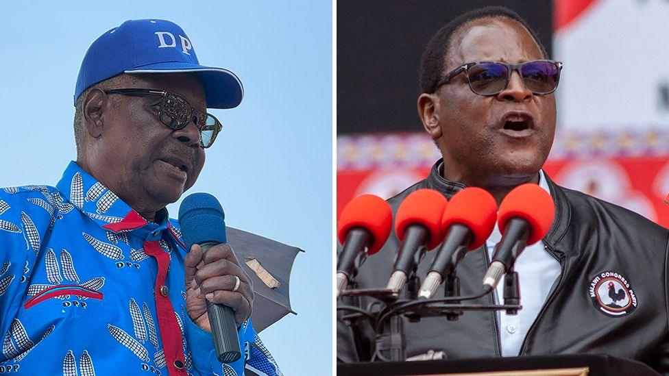 A composite photo showing Peter Mutharika on the left - in a blue cap and blue shirt decorated with maize cobs - and Lazarus Chakwera on the right - in a black jacket with his party's crest. Both men are speaking at rallies.