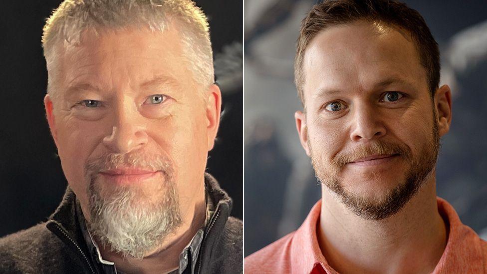 Composite of two portraits. On the left a man with short grey hair and a goatee beard smiles. On the right, in a similar studio portrait, a man with brown hair and neatly trimmed beard and salmon pink polo shirt smiles.