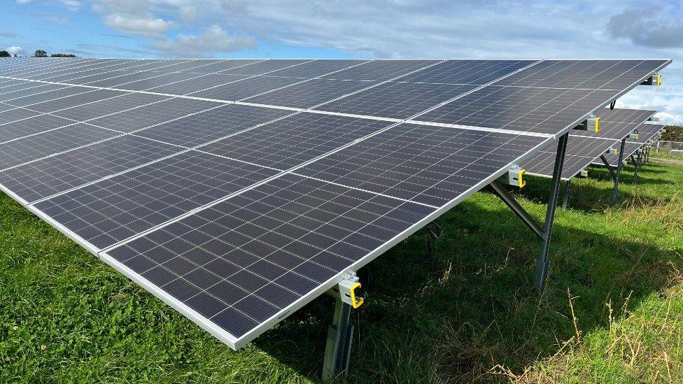 Three large solar panels in a field with green grass and a blue sky.