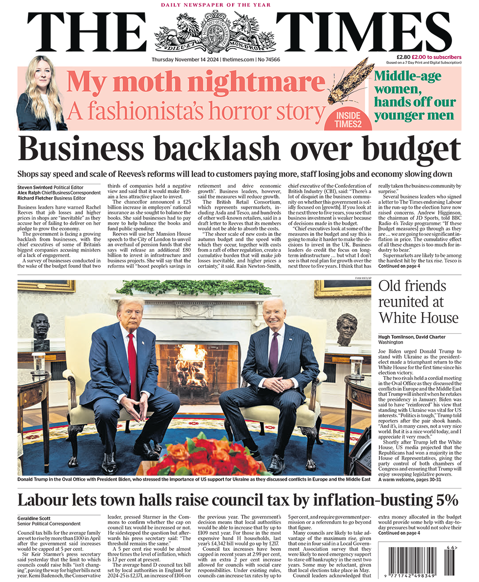 The headline in the Times reads: "Business backlash over budget". 