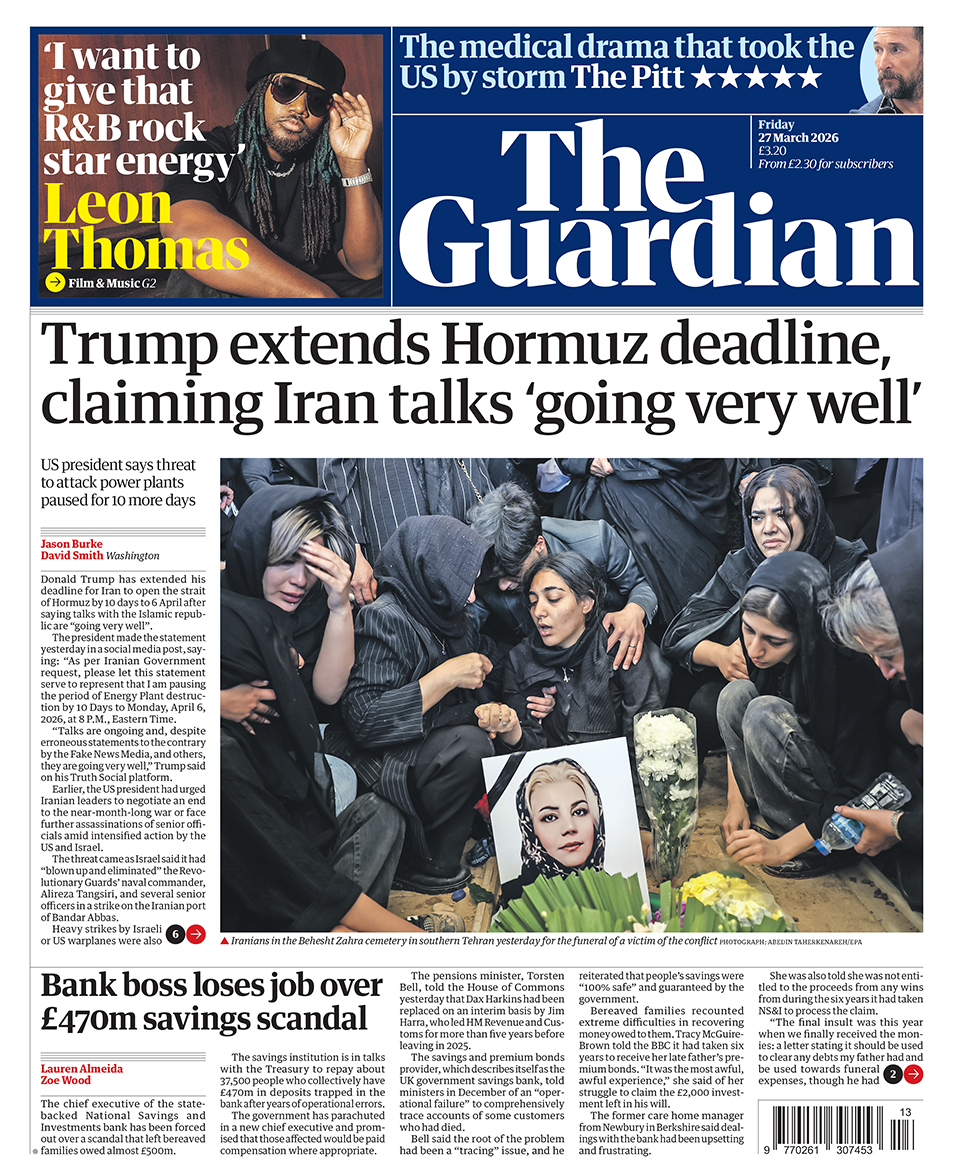 “Trump zgjat afatin e Hormuzit, duke pretenduar se bisedimet me Iranin ‘po shkojnë shumë mirë’”, thuhet në titullin kryesor në faqen e parë të gazetës Guardian.