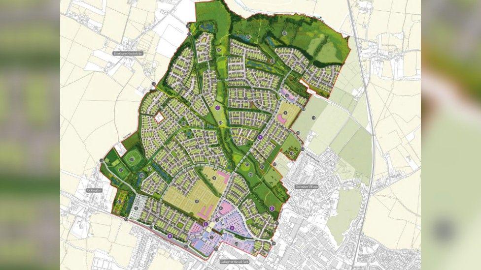 An illustrated map of the Elms Park homes, with various closes, green spaces, large business buildings and car parks.