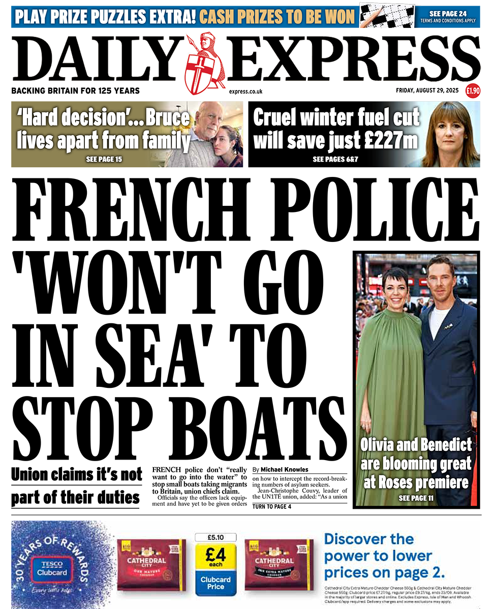 Daily Express front page with headline: "French police ‘won’t go in sea’ to stop boats"