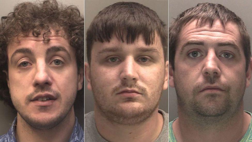 Custody photographs of Michael Smith who has short curly hair and is wearing a patterned shirt, Adam Williams who has short hair and is wearing a grey t-shirt, and Connor Walsh has short hair and is wearing a green t-shirt.