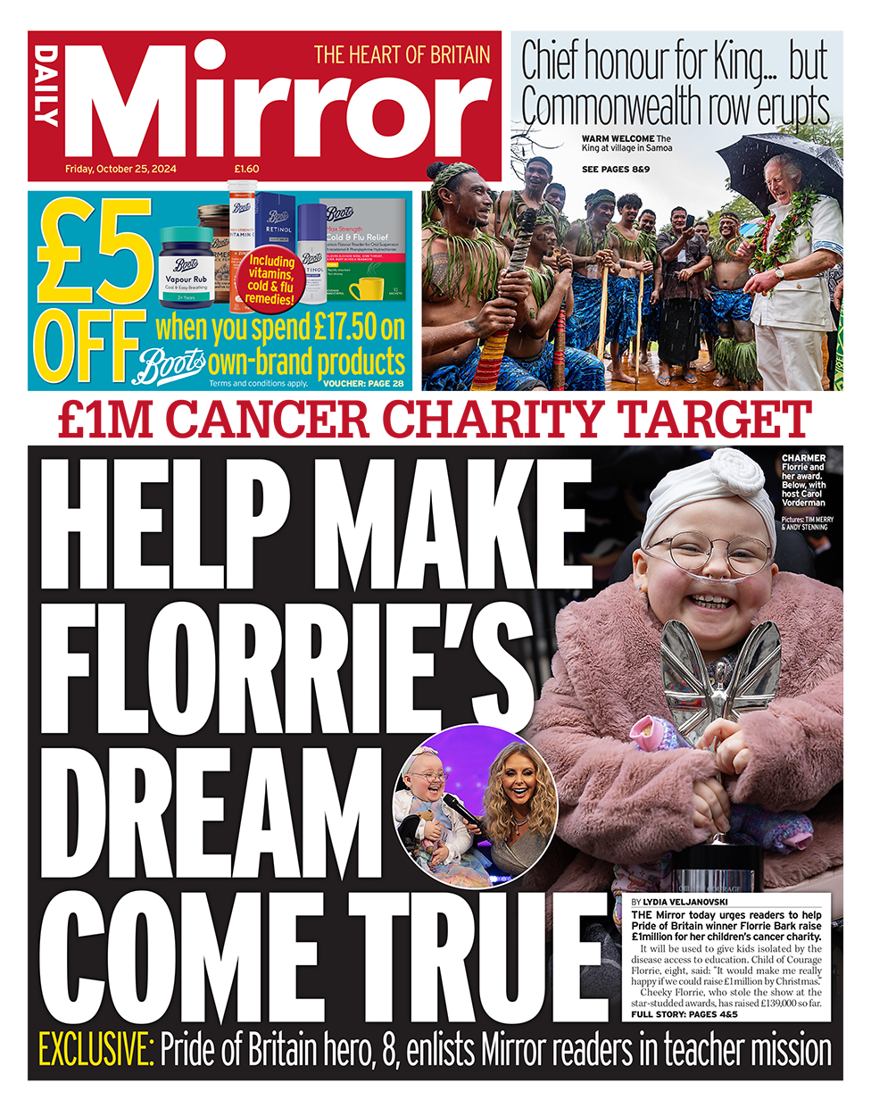 The headline in the Mirror reads: "Help make Florrie's dream come true". 