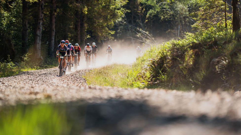 A group of cyclists create a dust cloud along a route through Galloway forest
