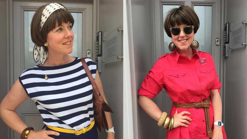 Two pictures of Caroline Jones in 2015 with short brown hair to just below her ears. In the left image she wears a blue and white striped T-shirt, navy blue trousers and a yellow belt. She has a cream and blue scarf in her hair and carries a tan coloured bag. In the right image she wears a bright dark pink shirt dress with a brown belt. She has large copper earrings and chunky copper bracelets. She is wearing large sunglasses.