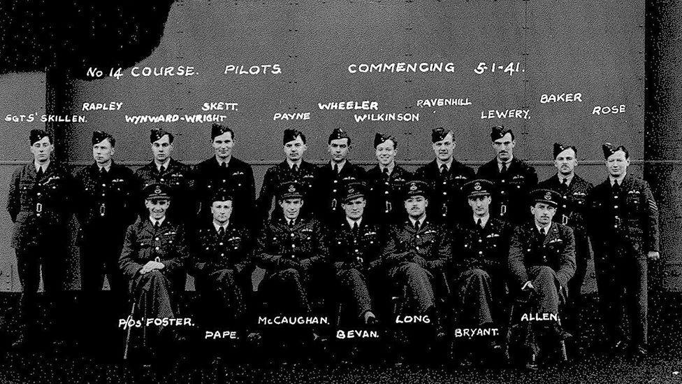 Old black and white photo of 18 men in RAF uniform, including Flt Lt James "Cookie" Long.