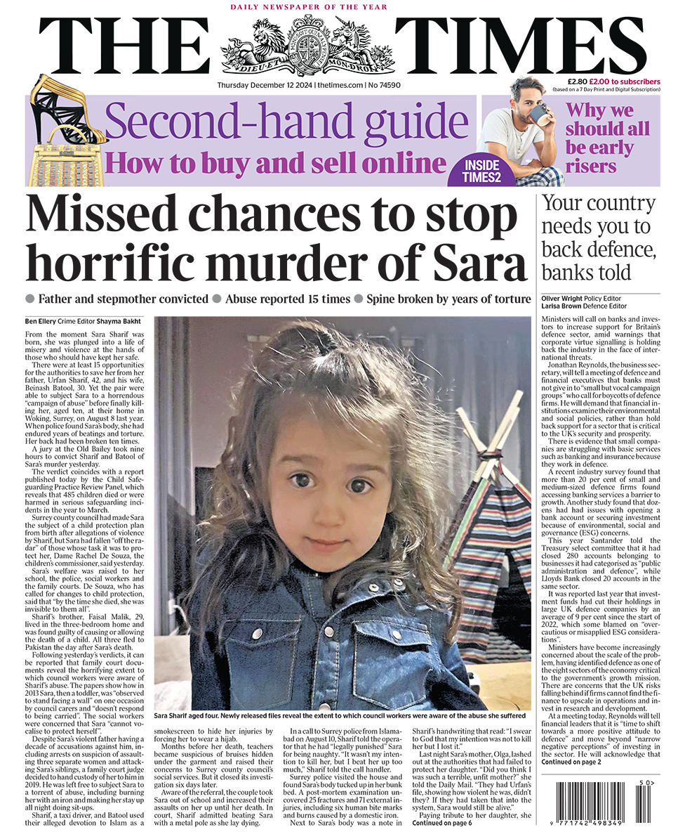 The headline in the Times reads: "Missed chances to stop horrific murder of Sara".