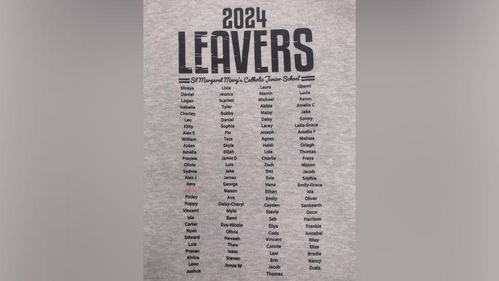 List of names of school leavers from St Margaret Mary’s Catholic Junior school in black with Olivia's name in pink text