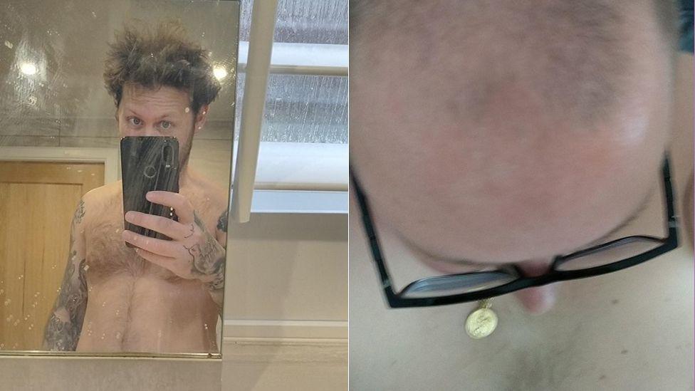 A selfie of Anthony James Dean with no top on taking a picture in a mirror. A selfie of the top of William James Swann's head.