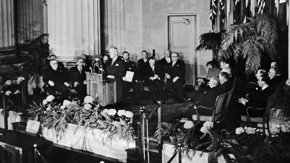 Heads of state and diplomats gathered in the Mellon Auditorium in Washington DC for the founding of Nato in April 1949.