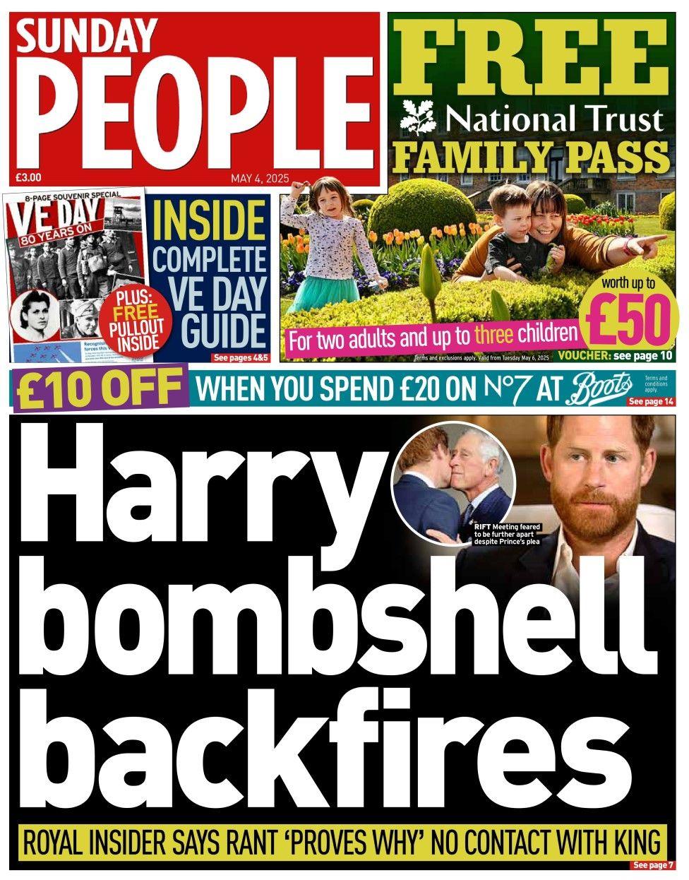 The headline in the Sunday People reads: Harry bombshell backfire