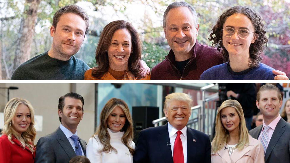 Composite image shows Kamala Harris with her husband Doug Emhoff and their children Ella and Cole in 2024, and Donald Trump with his wife Melania and his children Tiffany, Donald Jr, Ivanka and Eric