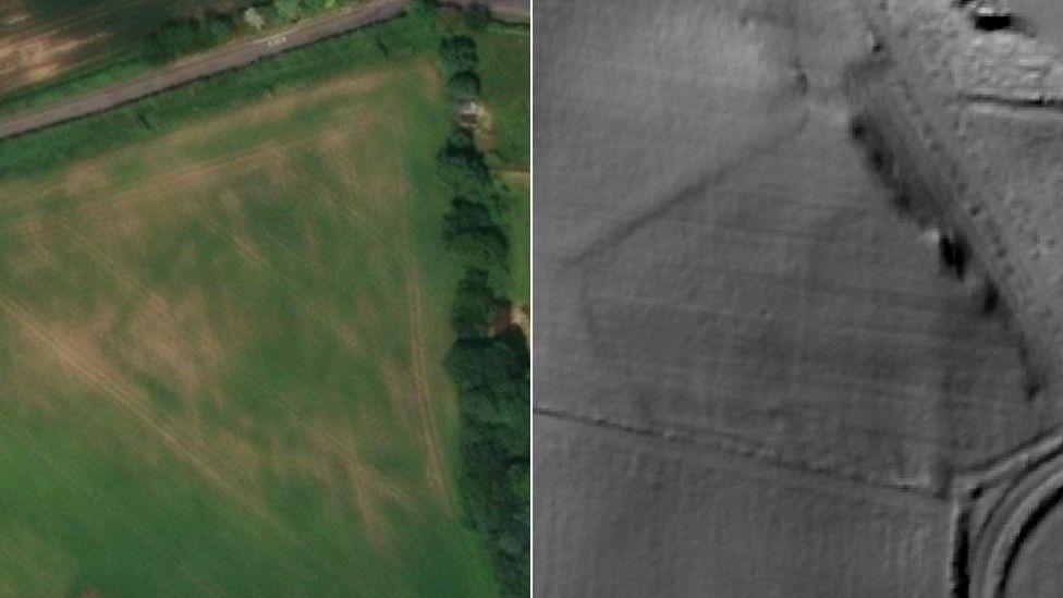 Composite image showing, on the left, an overhead shot of rectangular cropmarks in a field showing the known Roman camp at Camp Hill and, on the right, a black and white overhead radar scan of another field showing a similar rectangular enclosure