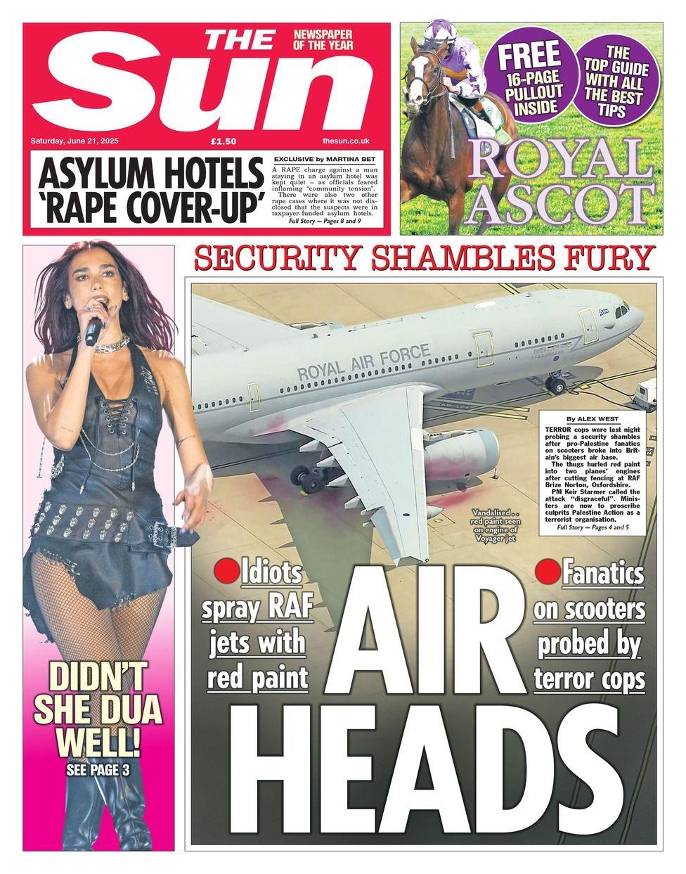 The headline on the front page of the Sun reads: "Security shambles fury: Air heads"