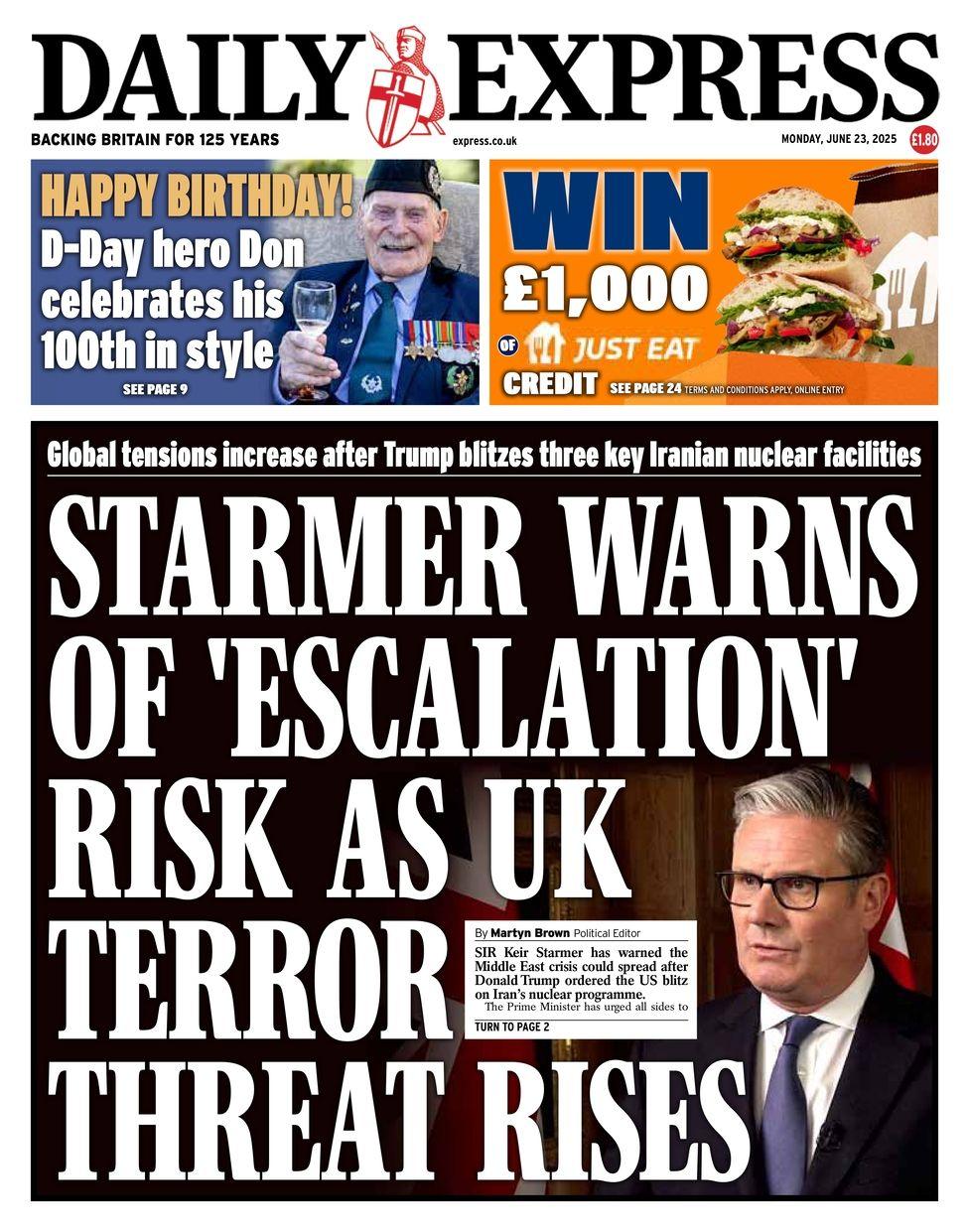 The headline on the front page of the Daily Express reads: "Starmer warns of 'escalation' as UK terror threat rises"