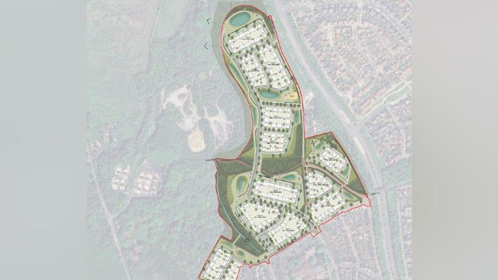 A map of a housing development plan with green spaces surrounding white blocks of housing. The outline of the development from an aerial view is phallic in nature