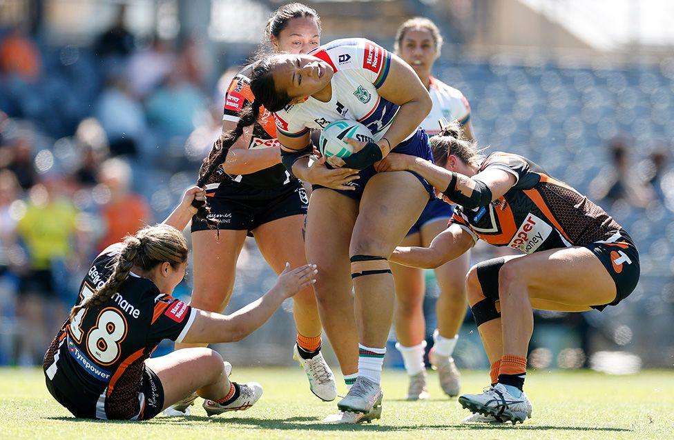 Wests Tigers forward Lemaima Etuale was put on report for a hair pull on New Zealand Warriors prop Ivana Lauitiiti. Photo by Darrian Traynor